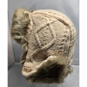 Knit Beige Aviator Hat Faux Fur Trim Winter Warm ski cottagecore vintage outdoor